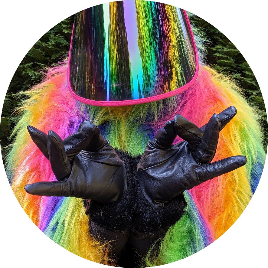 Bild vergrössern: Hände in schwarzen Lederhandschuhen machen eine Geste vor einer verspiegelten Maske mit Fellkragen in Regenbogenfarben