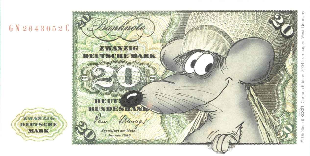 Alte 20 Deutsche Mark- Banknote mit Mäusekopf