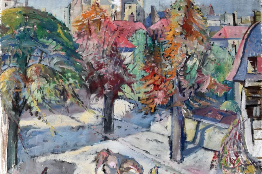 Enlarge image: Gem&auml;lde im impressionistischen Stil einer Stra&szlig;enszene mit zwei Personen und einem Pferd, B&auml;umen und H&auml;usern