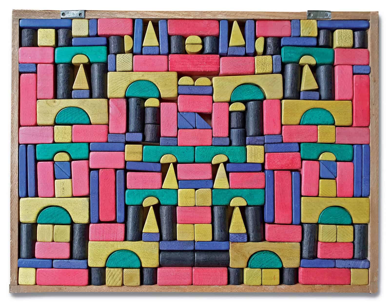 Les Bois de Megève, Jeu de Constructions, Frankreich, ca. 1930 Grüne, gelbe, rote und blaue Bauklötze in einem Rahmen