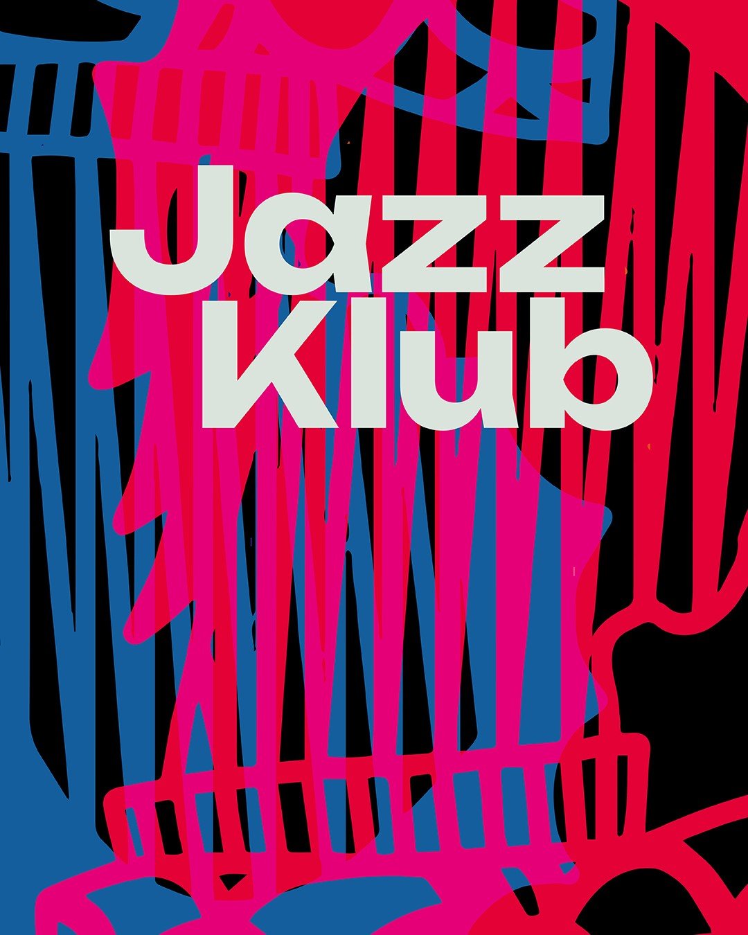 Flyer mit dem Titel 'Jazzklub' in weiß vor einem schwarz-blau-pinken abstrakten Hintergrund