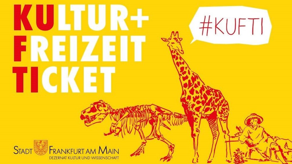 Schriftzug Kultur- und Freizeitticket mit Zeichnungen von einem Saurier, einer Giraffe und Goethe