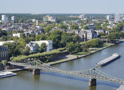 Der Main von oben mit Brücke und Schiff