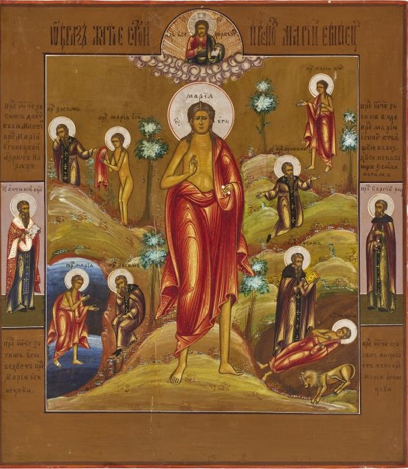 Bild vergrössern: Ikone einer Frau mit rotem Gewand in der Mitte, darum weitere Heilige