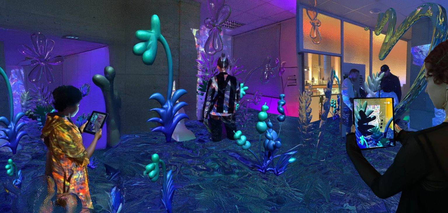 Bild vergrössern: Bunte, animierte Darstellung eines Zimmers mit mehreren Personen mit digitalen Ger&auml;ten in der Hand und Fantasie-Pflanzen