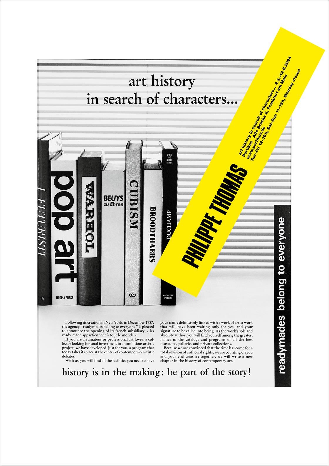 Plakat mit Titel, Ausstellungsdaten und Text vor einem schwarz-weißem Bild mit Büchern über Kunst