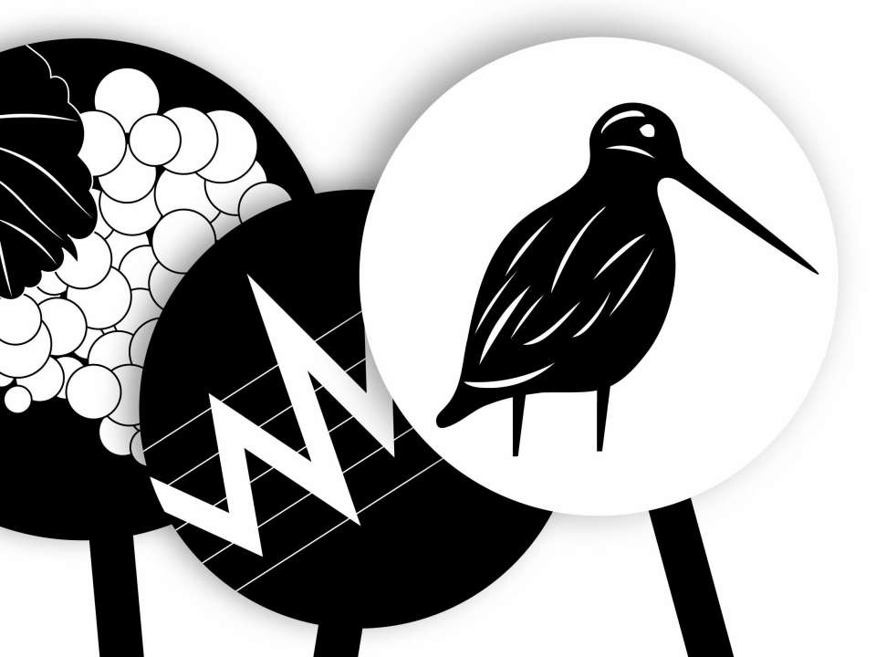 Drei runde, schwarz-weiße Schilder mit Pictogrammen hintereinander, auf denen ein Vogel, ein Blitz und Weintraben zu sehen sind