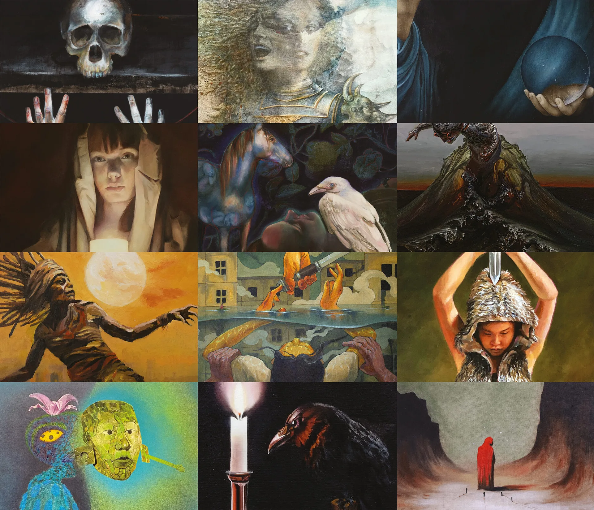 Plakat "Magie und Ritual: 13. Kunstpreis-Wettbewerb der Bernd und Gisela Rosenheim-Stiftung" © Rosenheim Stiftung Zusammenstellung aus vielen kleinen Bildern von Kunstwerken