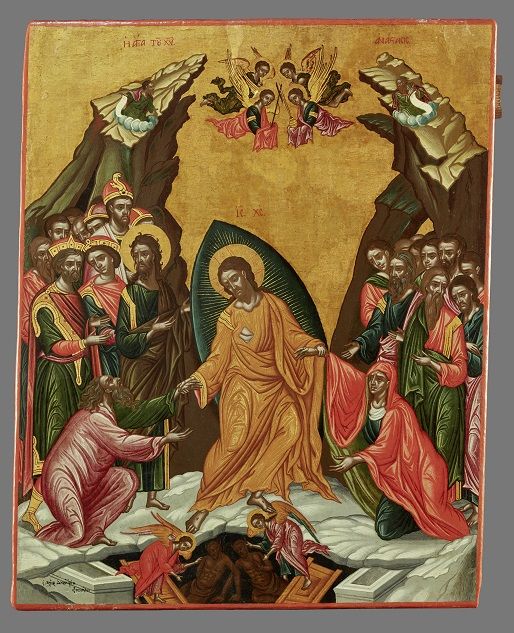 Ikone mit Christus in der Mitte umringt von mehreren Personen, Heiligen und Engeln