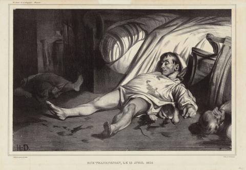 Bild vergrössern: Zeichnung mit vor einem Bett im Nachthemd liegenden Mannes mit Flecken auf Hemd und Boden, weitere liegende Menschen und ein umgestürtzter Stuhl an der Seite