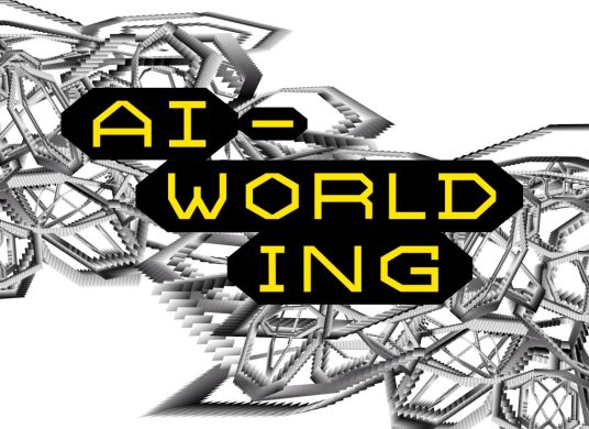 Wei&szlig;es Plakat mit grauer technisch-aussehender Struktur in der Mitte und der Aufschrift 'AI-Wolrlding'