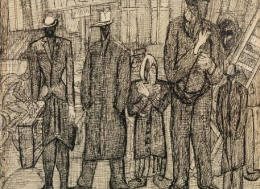 Zeichnung von mehreren stehenden Figuren vor einer Häuserzeile mit einem Schild auf dem 'HALTE' steht