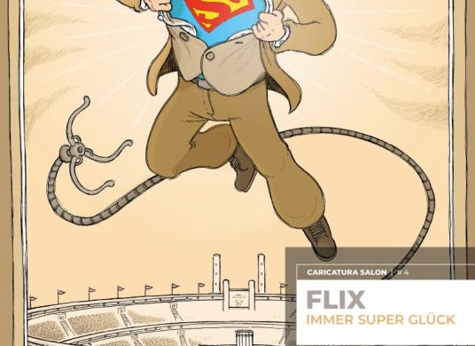 Zeichnung eines Mannes der über einem Amphietheater schwebt und sich das Hemd aufreißt, auf dem T-Shirt darunter ist das Superman-Zeichen zu sehen