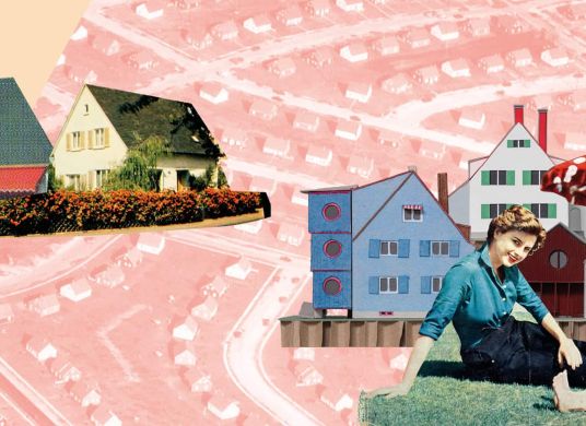 Collage von Fotos mit Einfamilienh&auml;usern und einer Frau mit Kind unter einem Sonnenschirm