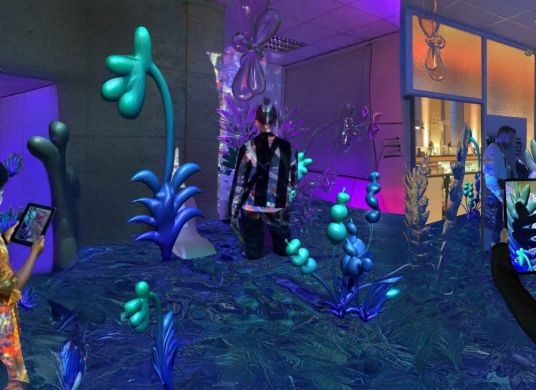 Bunte, animierte Darstellung eines Zimmers mit mehreren Personen mit digitalen Ger&auml;ten in der Hand und Fantasie-Pflanzen