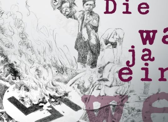 Zeichnung in Schwarz-Wei&szlig; mit von Personen, die eine Hakenkreuz-Flagge verbrennen mit Titel in Lila 'Die Nazis waren ja nicht einfach weg'