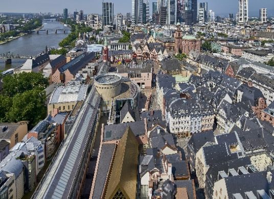 Skyline Frankfurts mit dem langezogenen Bau der SCHIRN im Vordergrund links unten
