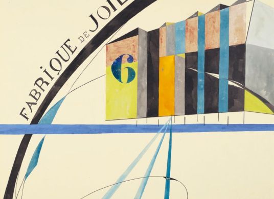 Abstraktes Gemälde mit einem Gebäude und der Aufschrift 'Fabrique de Joie' links im Bild