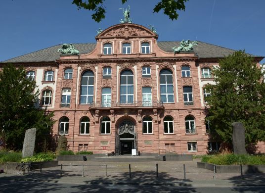 Fassade mit Eingangsbereich zum Altbau des Senckenberg Naturmuseum mit Bäumen an den Seiten und Skulpturen auf dem Dach