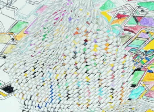 Gem&auml;lde mit vielen bunten und vielen farblosen Smartphones, gro&szlig;en und kleinen, die &uuml;bereinander liegen oder rollen