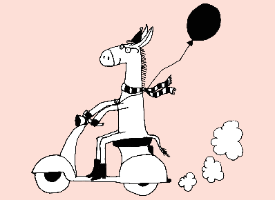 Zeichnung eines Esels mit Luftballon und Schal, der Moped fährt