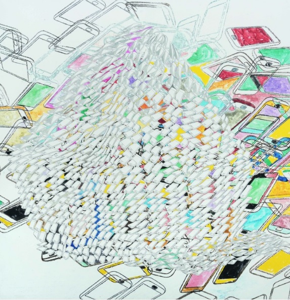 Bild vergrössern: Gem&auml;lde mit vielen bunten und vielen farblosen Smartphones, gro&szlig;en und kleinen, die &uuml;bereinander liegen oder rollen