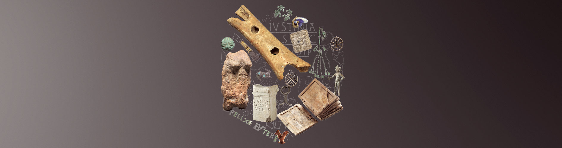 Enlarge image: Verschiedene archäologische Objekte wie eine Knochenflöte, Steinfiguren, Schmuck und ein altertümliches Buch zu einem Kreis angeordnet