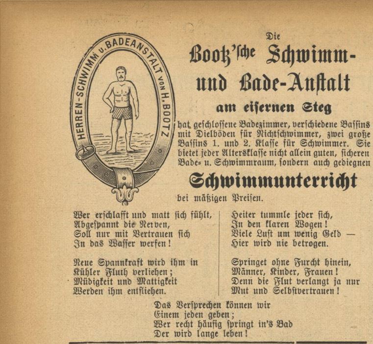Bild vergrössern: Text zu einer Schwimm-Anstalt in Altdeutscher Schrift mit einer kleinen Illustration eines Mannes in Badehose